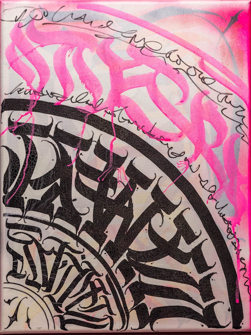 Original dark abstract lettering painting in pink and black, on view at Subleink Tattoo Shop Art Gallery, Panama City
